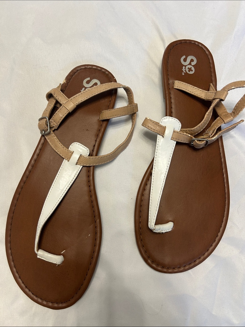 SO Women's White and Tan T-strap Sandals